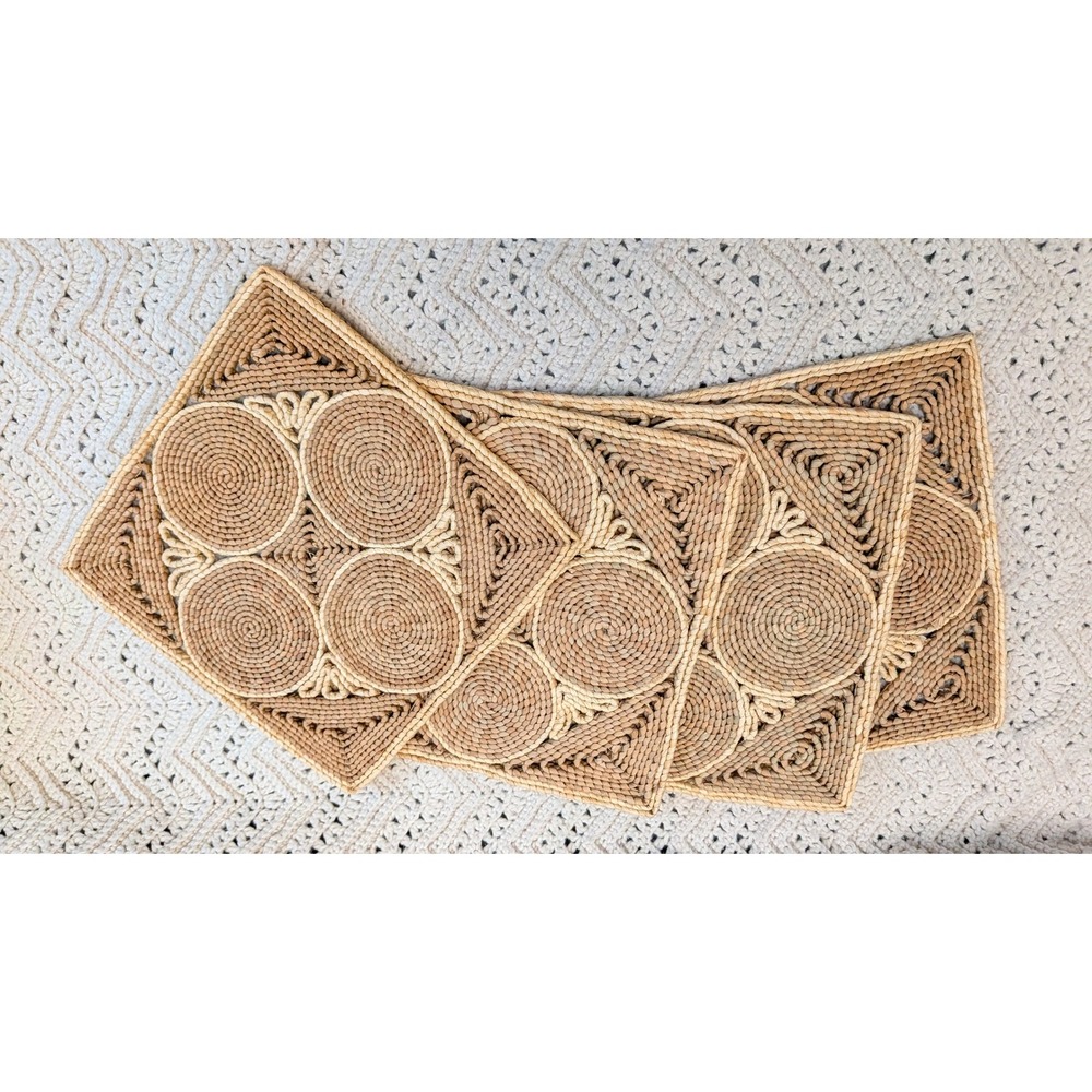 Vintage Woven Straw Placemats Set of 4 Boho Natural Fiber Coiled Geometric Mats